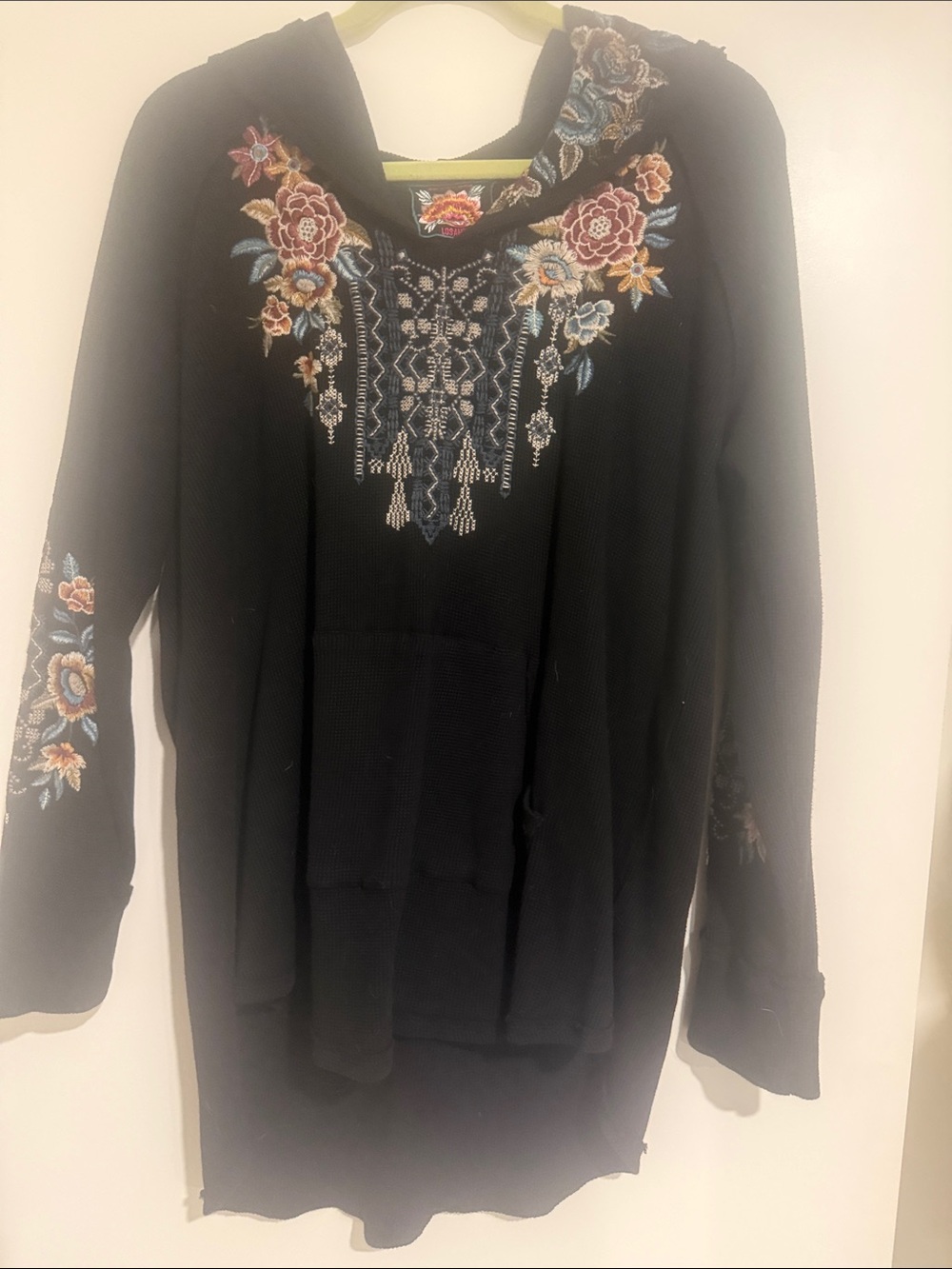 Johnny Was Eleni Hooded Black Thermal Sweater Embroidered Front Pocket Sweater